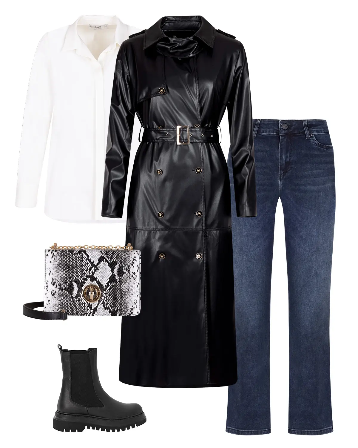 Belted Faux Leather Trench Coat - SecilStore