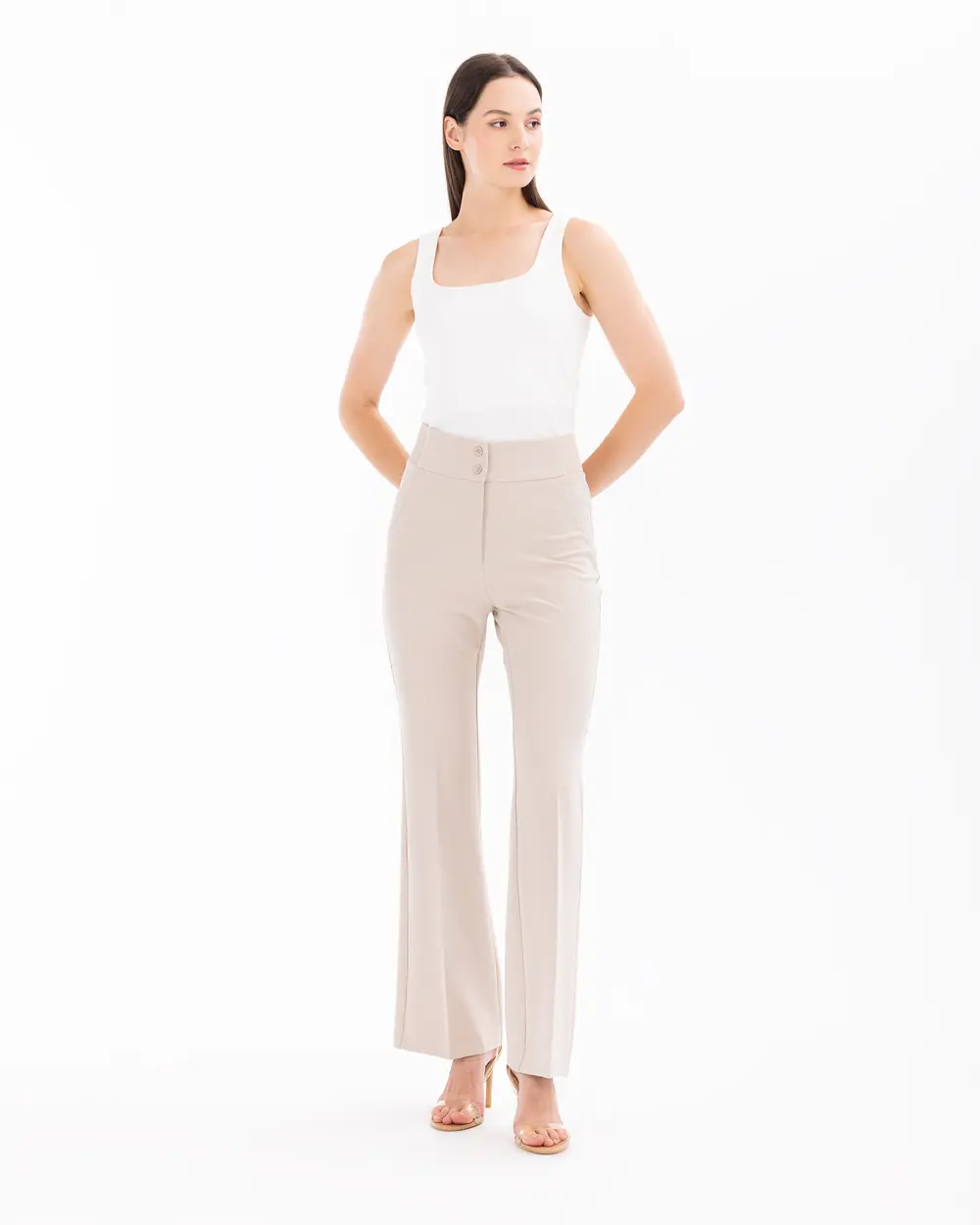 Wide Leg Pants with Half Elastic Waist