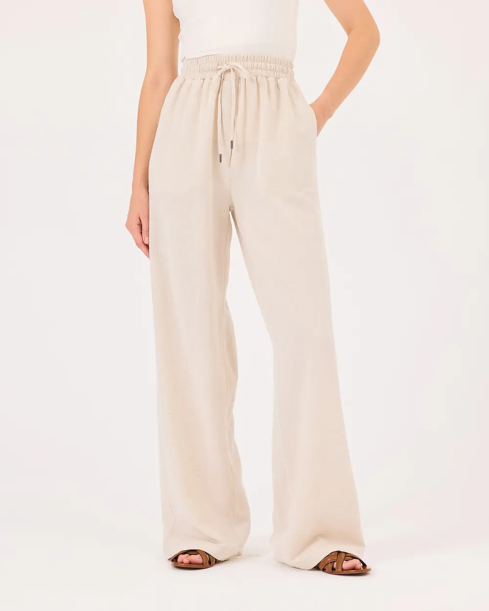 Elastic Waist Tie-Up Wide Leg Trousers