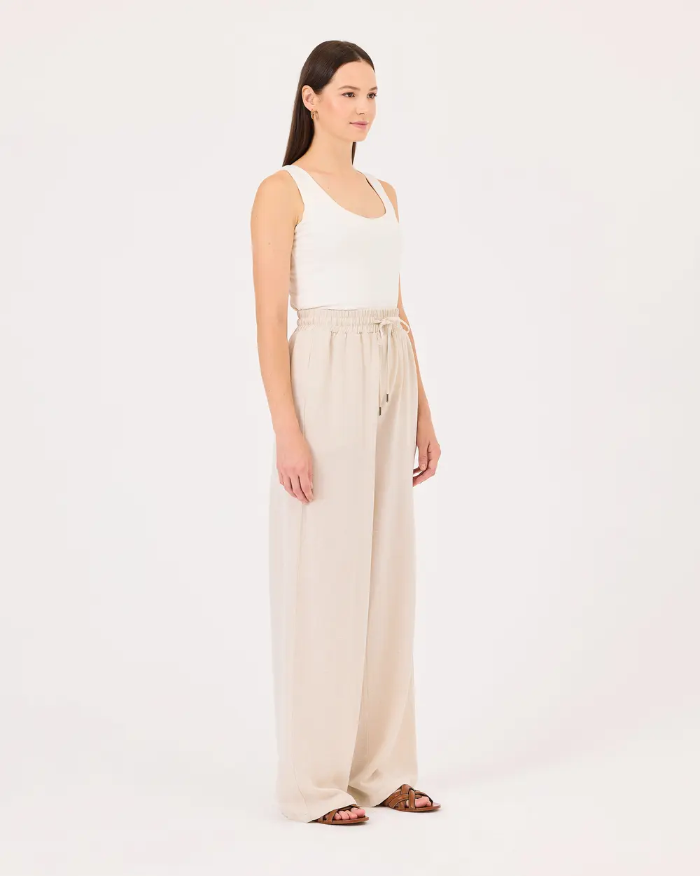 Elastic Waist Tie-Up Wide Leg Trousers