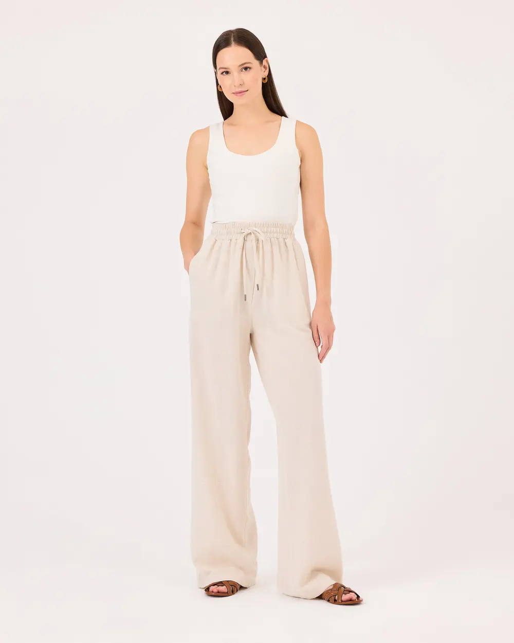 Elastic Waist Tie-Up Wide Leg Trousers