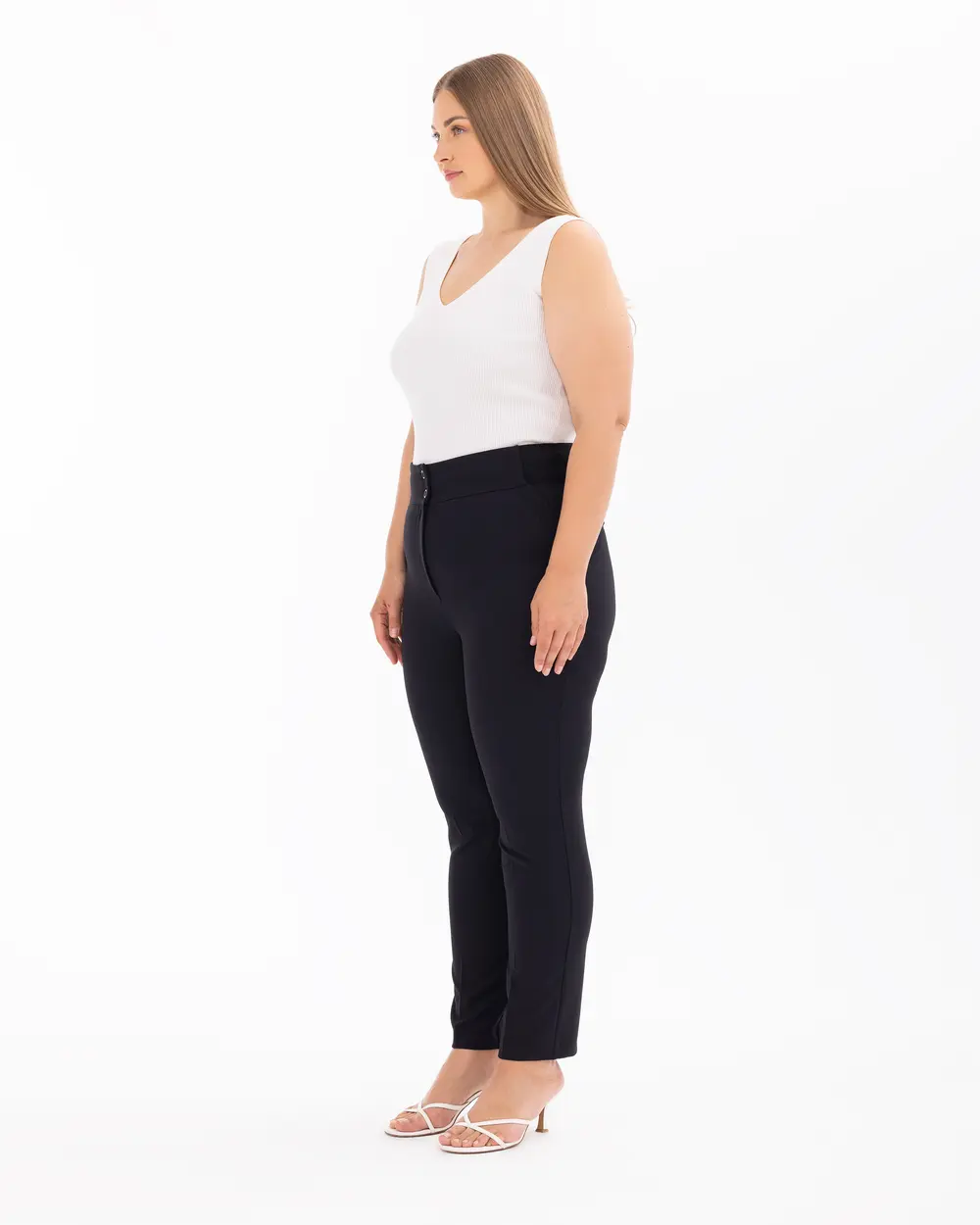 Plus Size Straight Pants with Half Elastic Waist