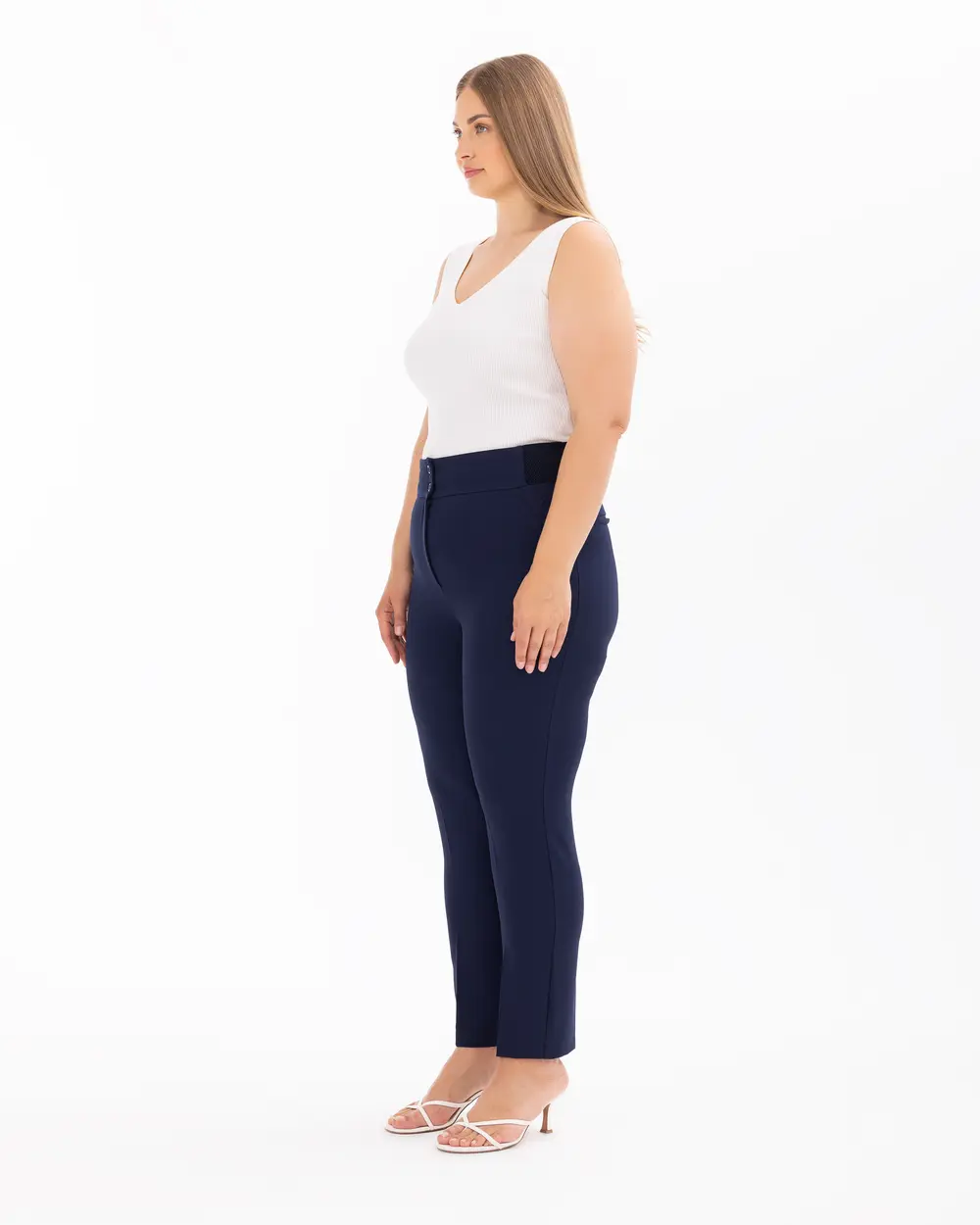 Plus Size Straight Pants with Half Elastic Waist