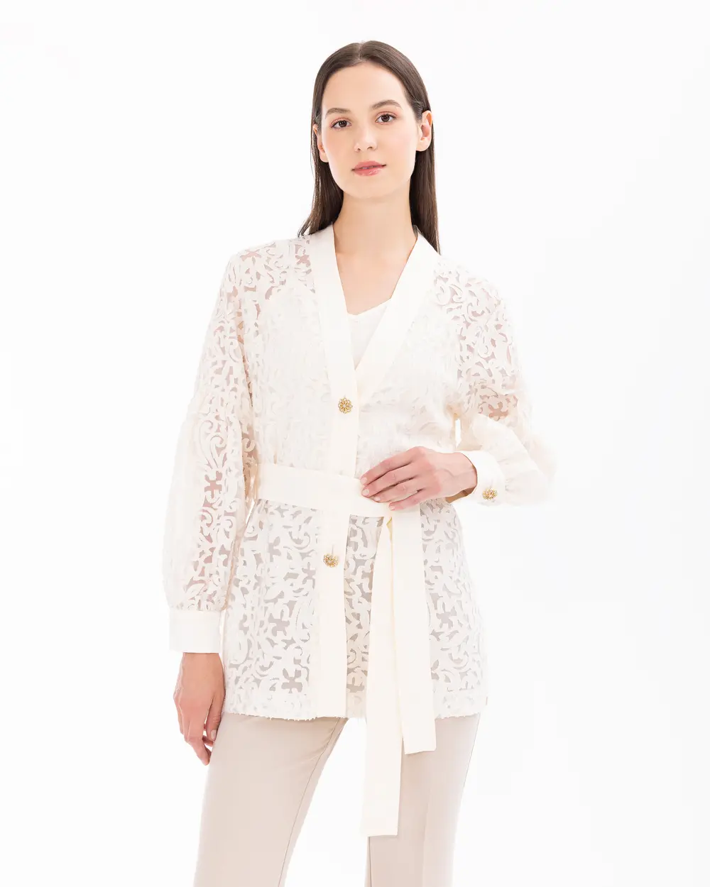 V-Neck Double Fabric Jacket with Inner Blouse