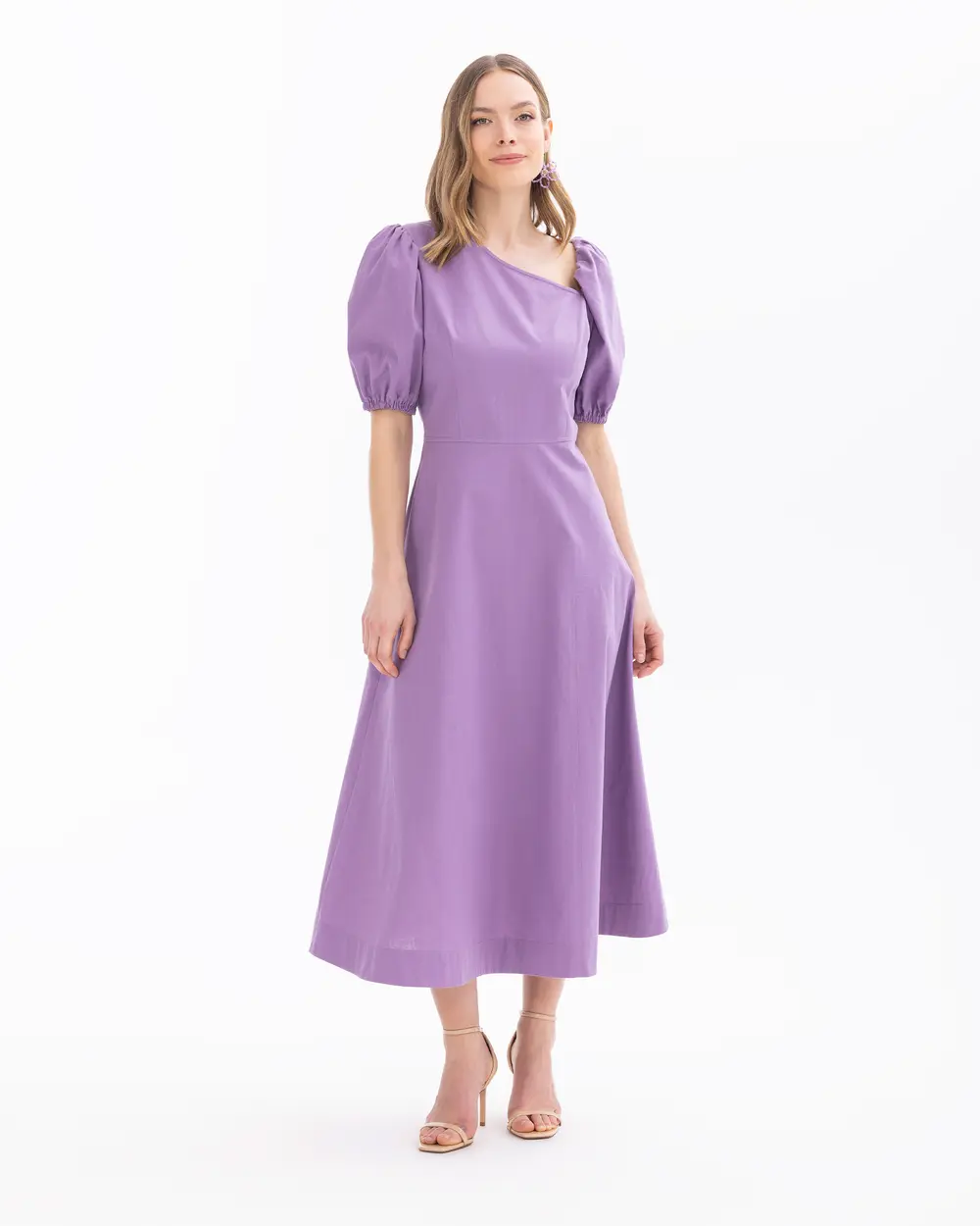 Asymmetric Neck Balloon Sleeve Dress