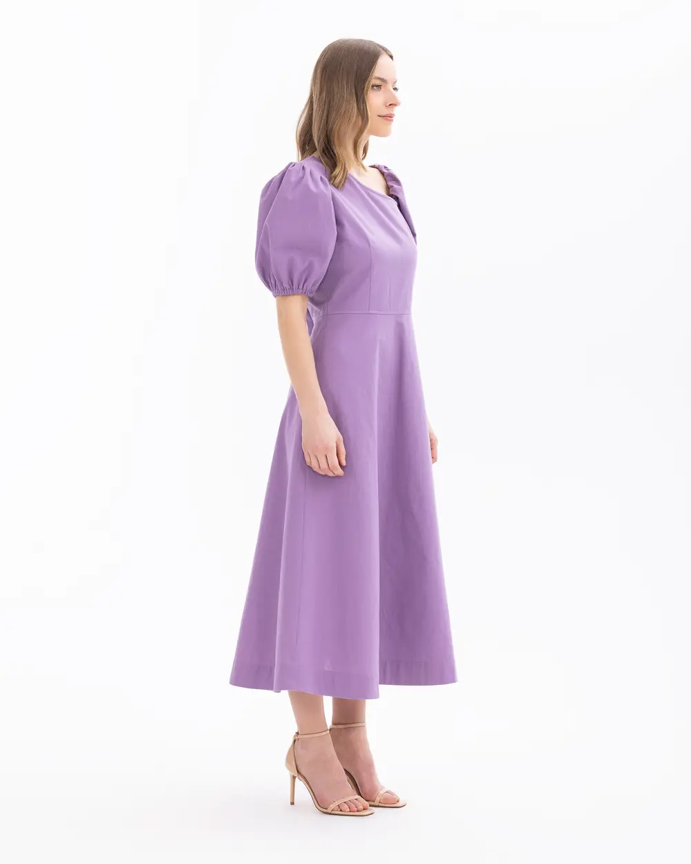 Asymmetric Neck Balloon Sleeve Dress