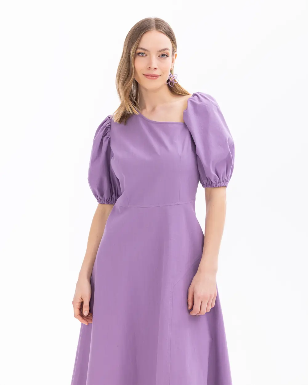 Asymmetric Neck Balloon Sleeve Dress