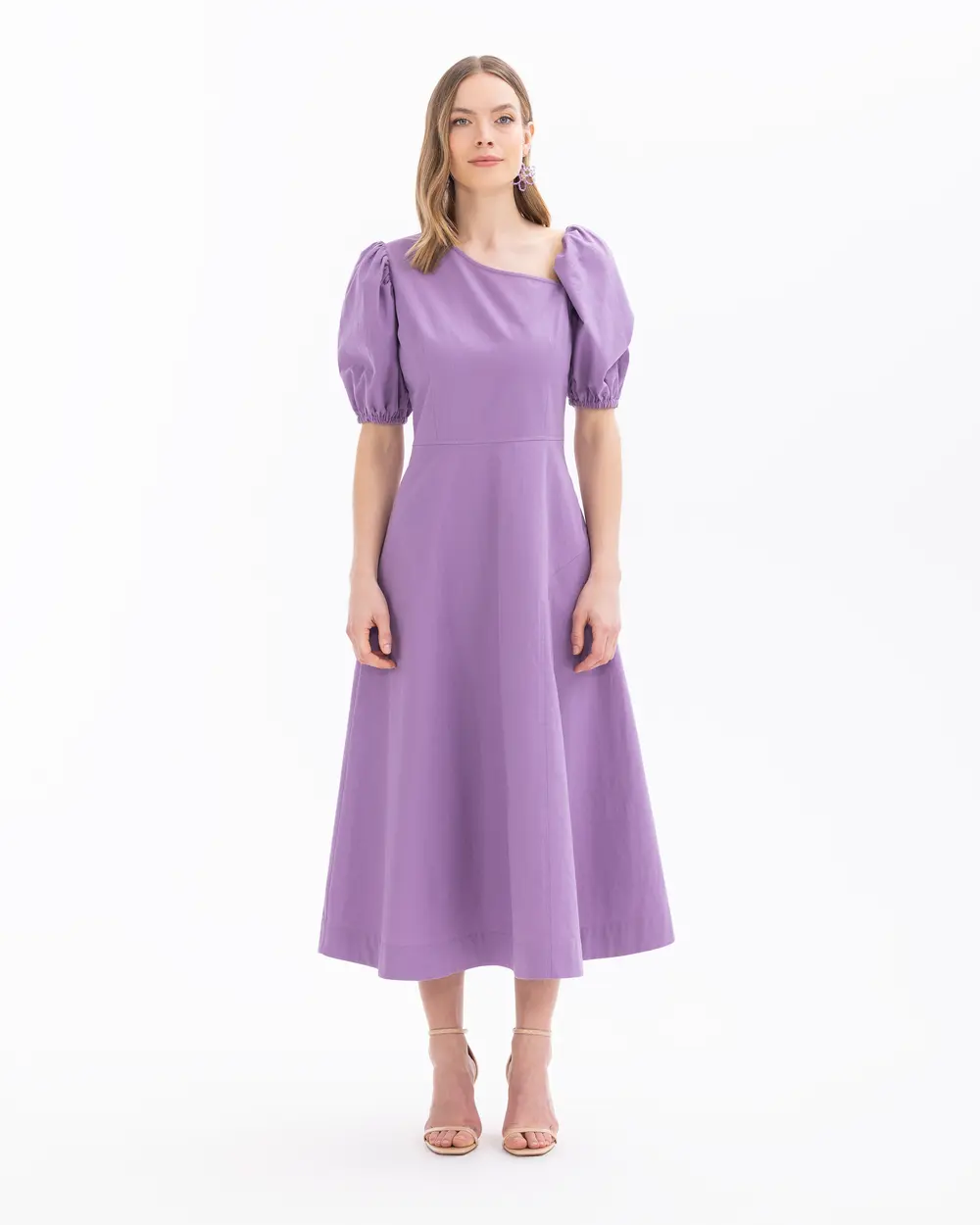 Asymmetric Neck Balloon Sleeve Dress