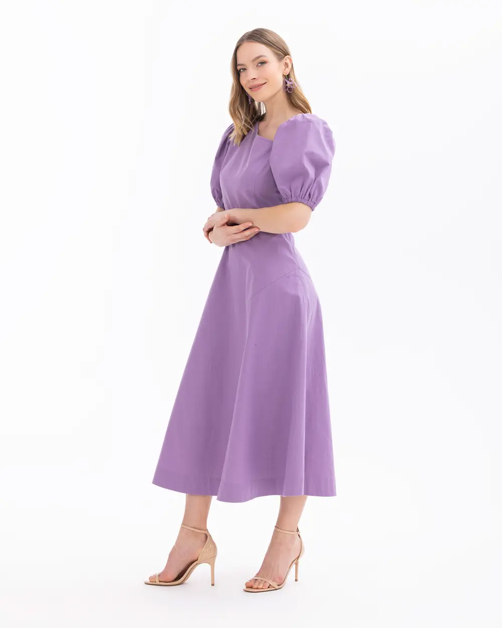 Asymmetric Neck Balloon Sleeve Dress