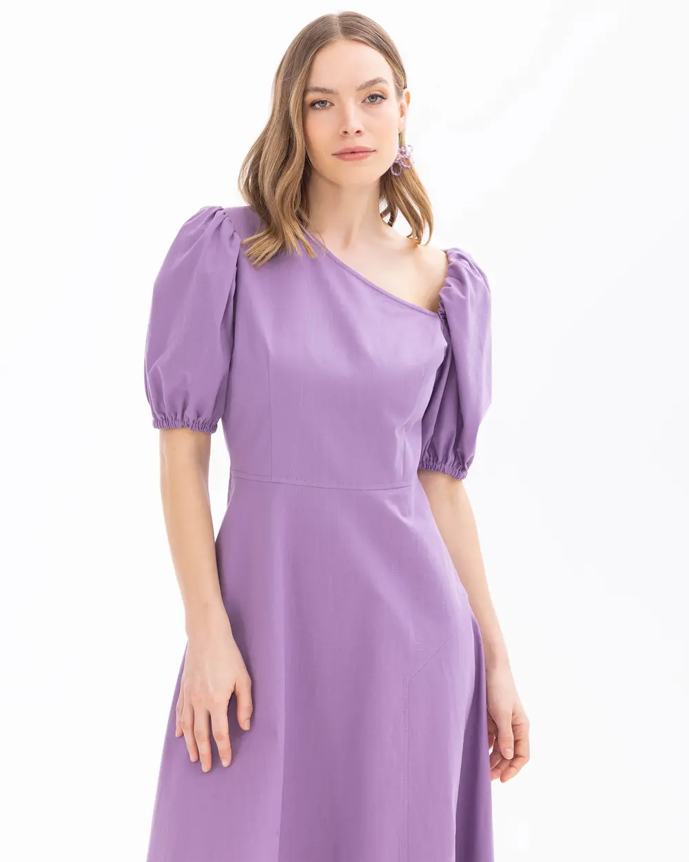 Asymmetric Neck Balloon Sleeve Dress