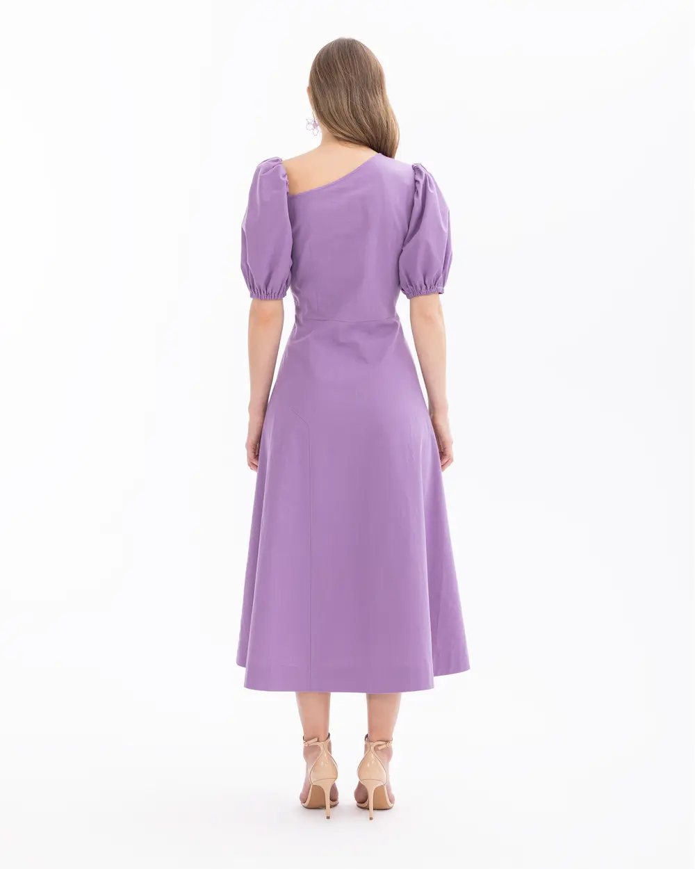 Asymmetric Neck Balloon Sleeve Dress