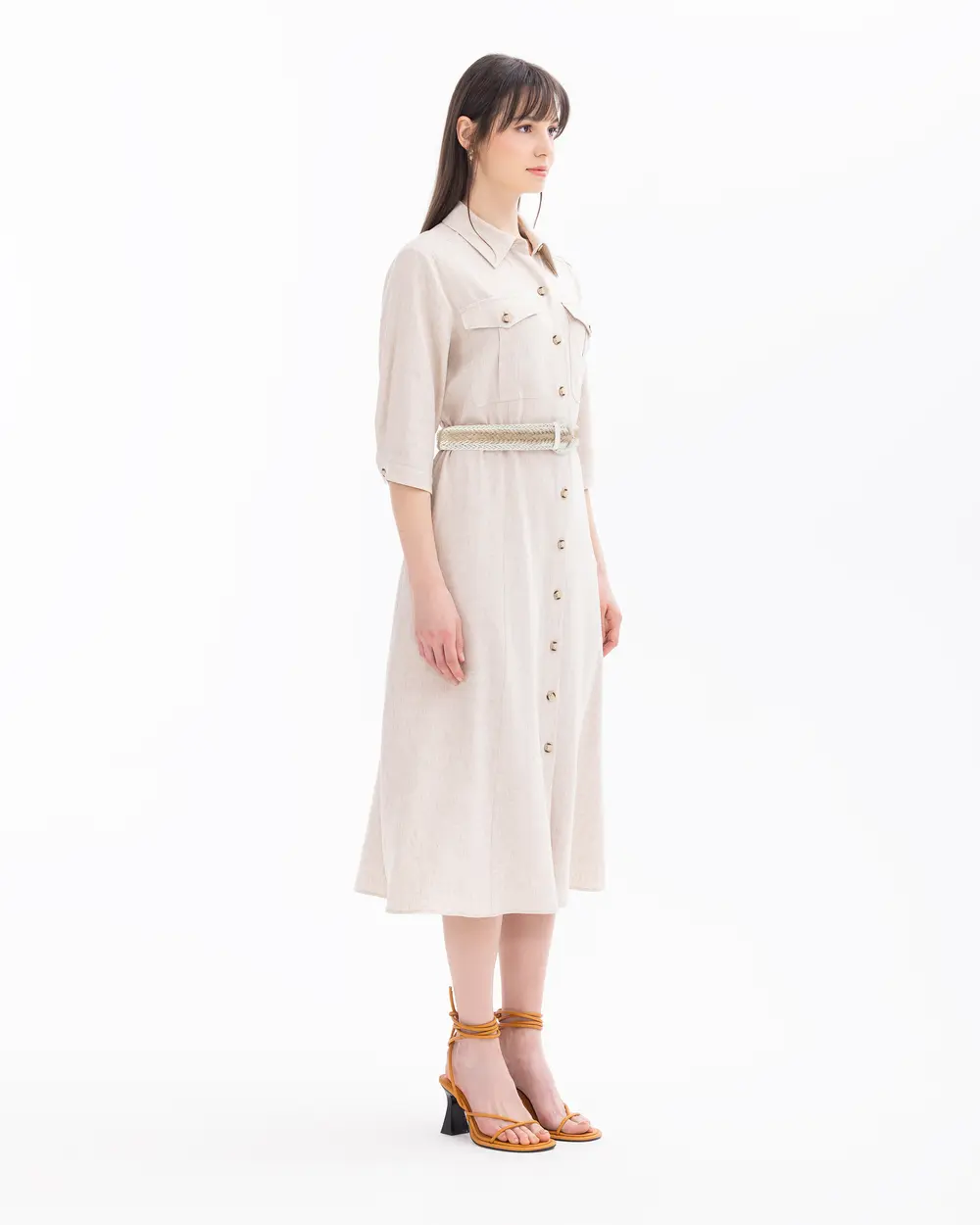 Buttoned Belt Detailed Dress