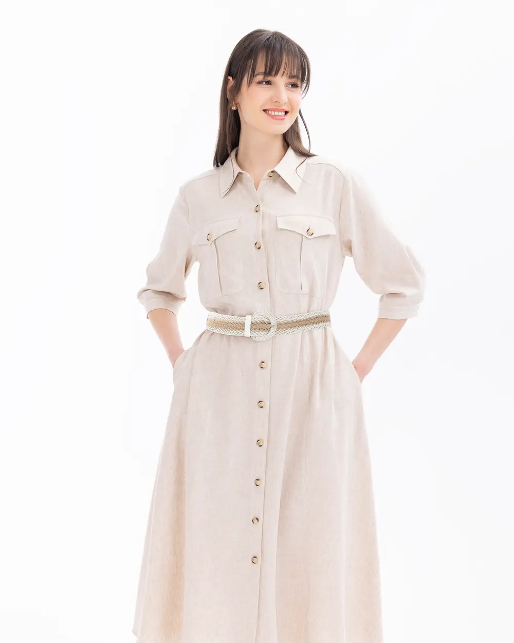 Buttoned Belt Detailed Dress