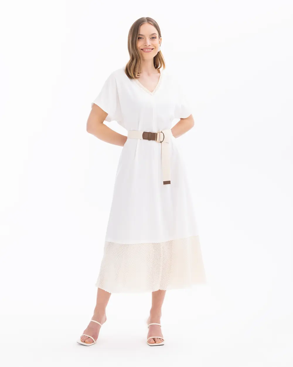 V-Neck Belted Double Fabric Dress