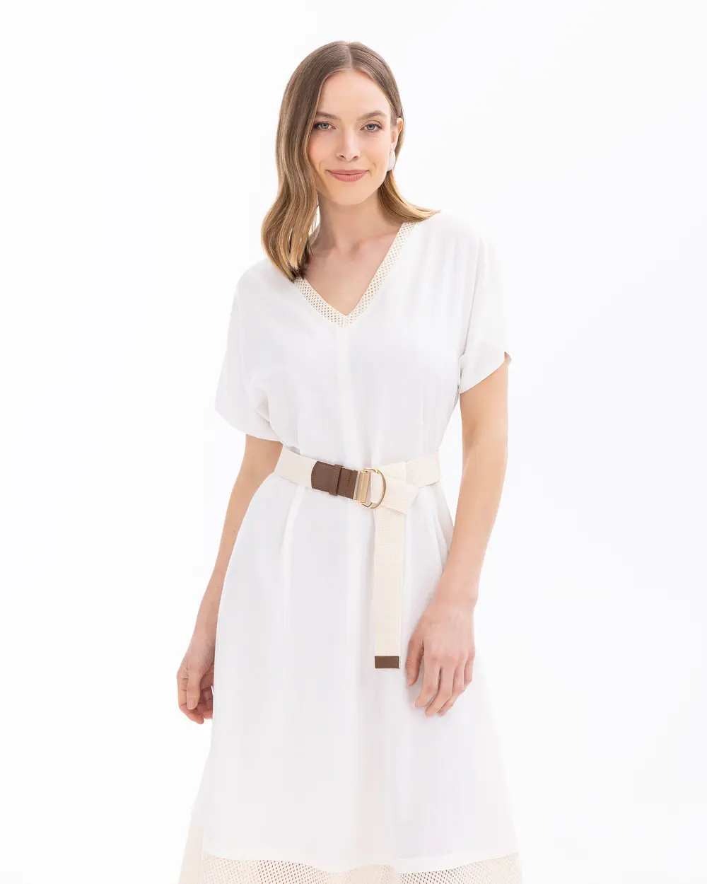 V-Neck Belted Double Fabric Dress