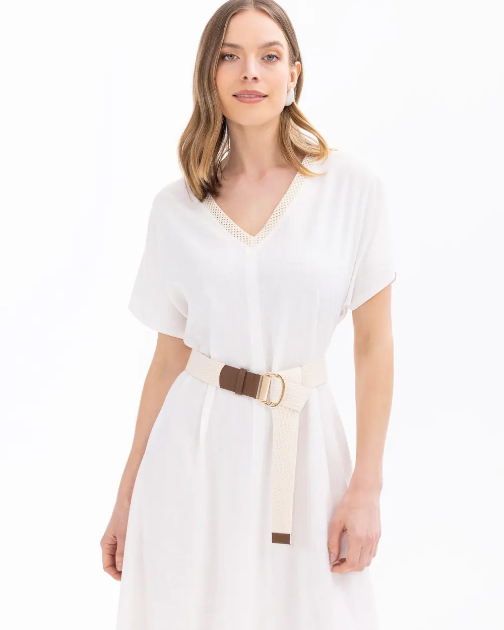 V-Neck Belted Double Fabric Dress