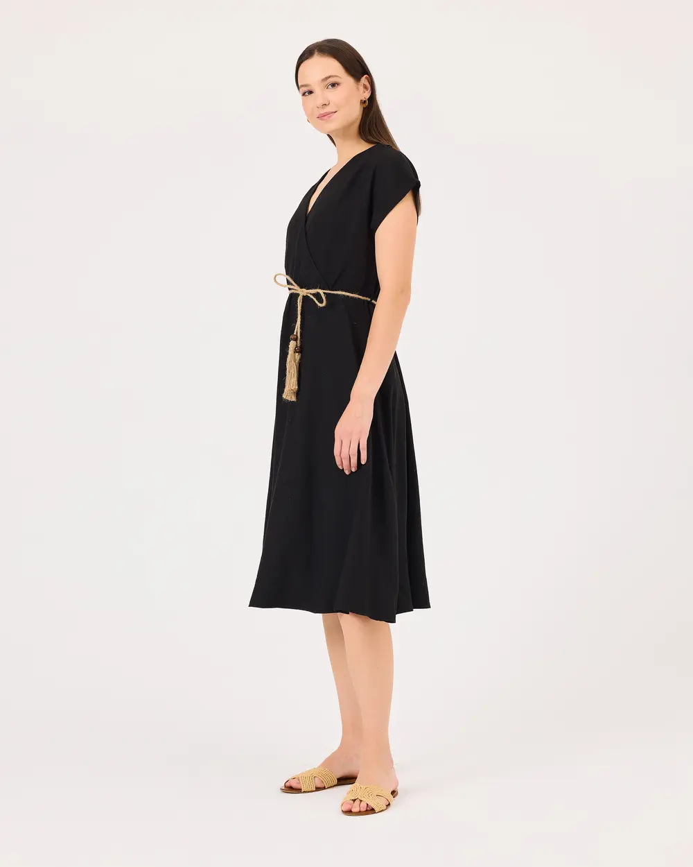 Kruvaze Yaka Beli Büzgülü Elbise