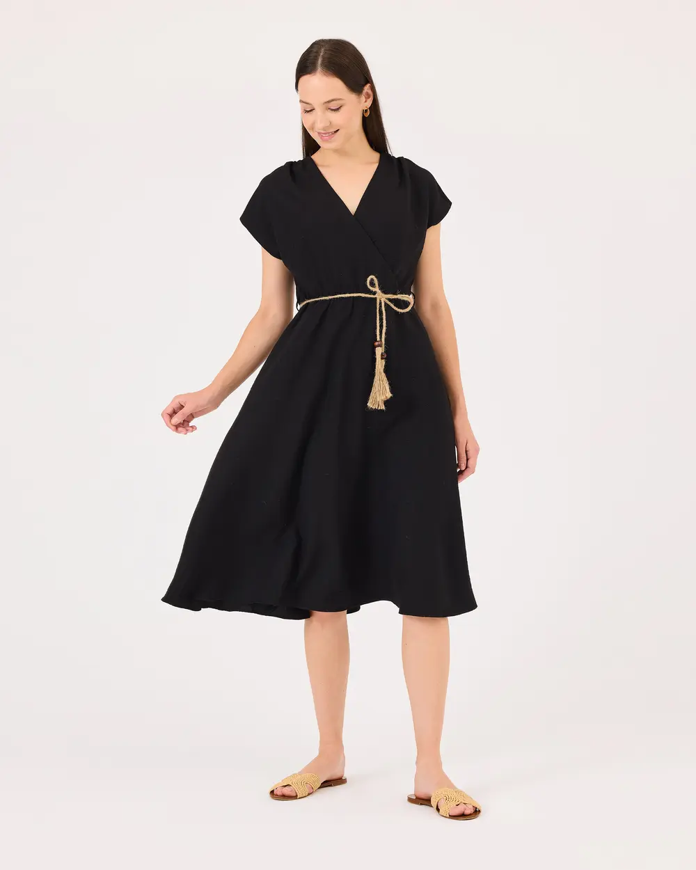 Kruvaze Yaka Beli Büzgülü Elbise