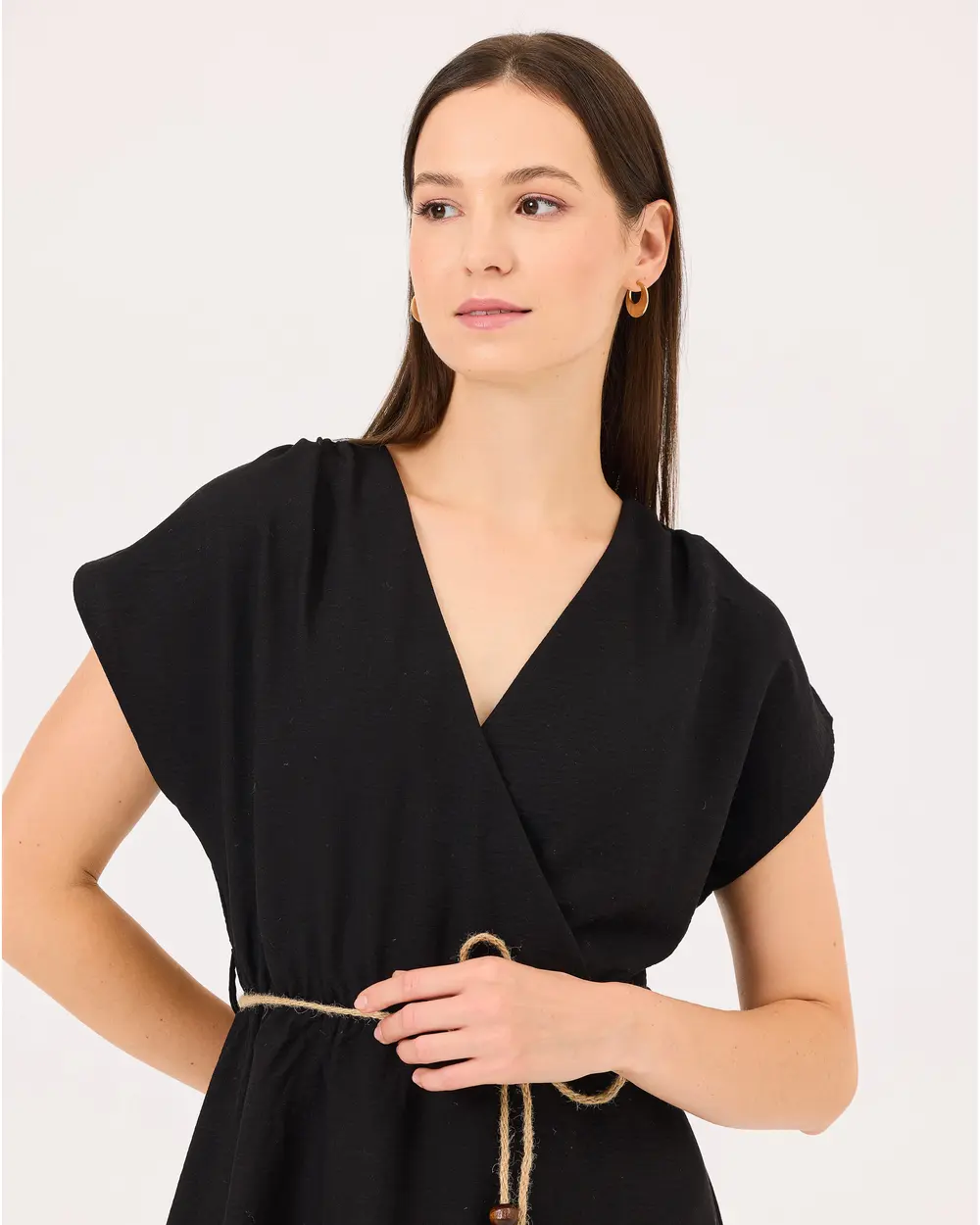 Kruvaze Yaka Beli Büzgülü Elbise