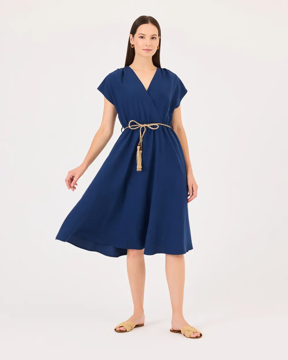 Kruvaze Yaka Beli Büzgülü Elbise