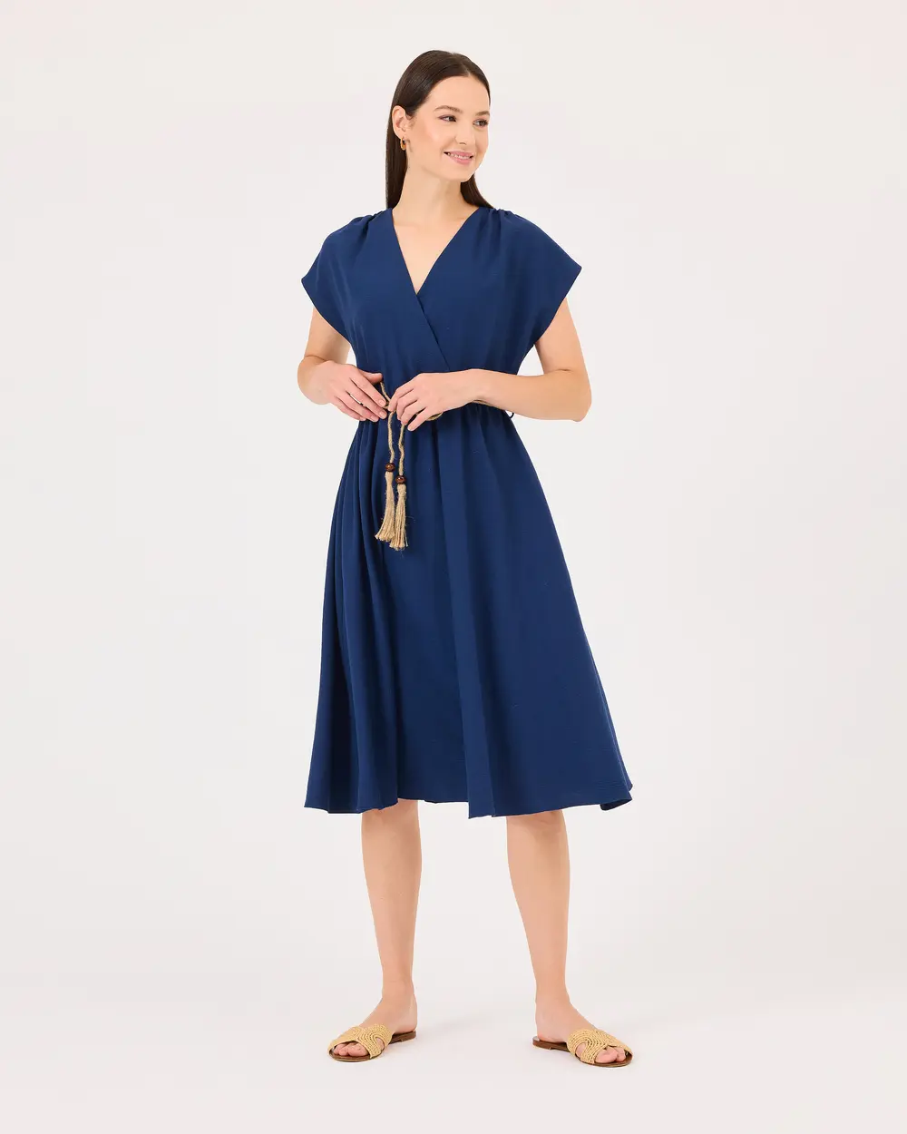 Kruvaze Yaka Beli Büzgülü Elbise