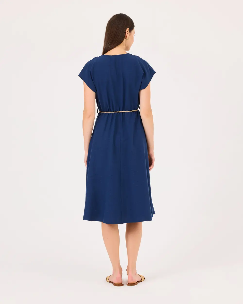 Kruvaze Yaka Beli Büzgülü Elbise