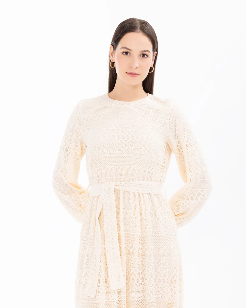 Belted Long Sleeve Lace Dress