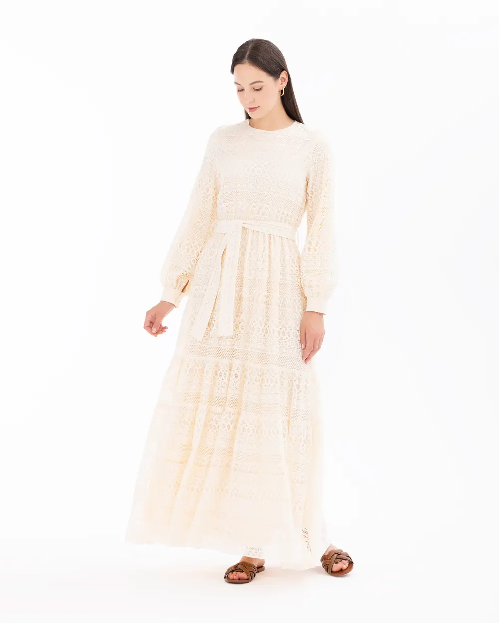 Belted Long Sleeve Lace Dress