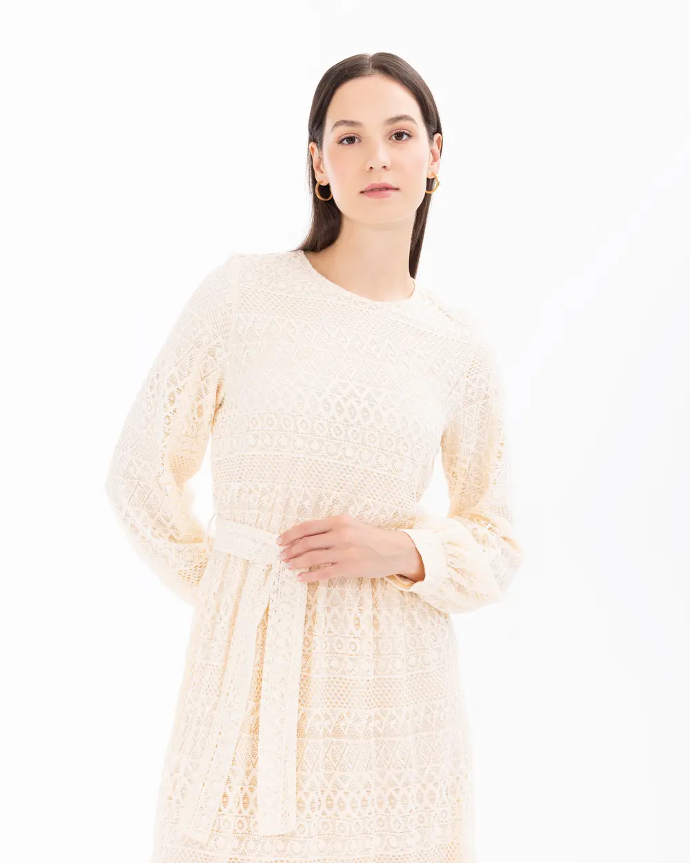 Belted Long Sleeve Lace Dress