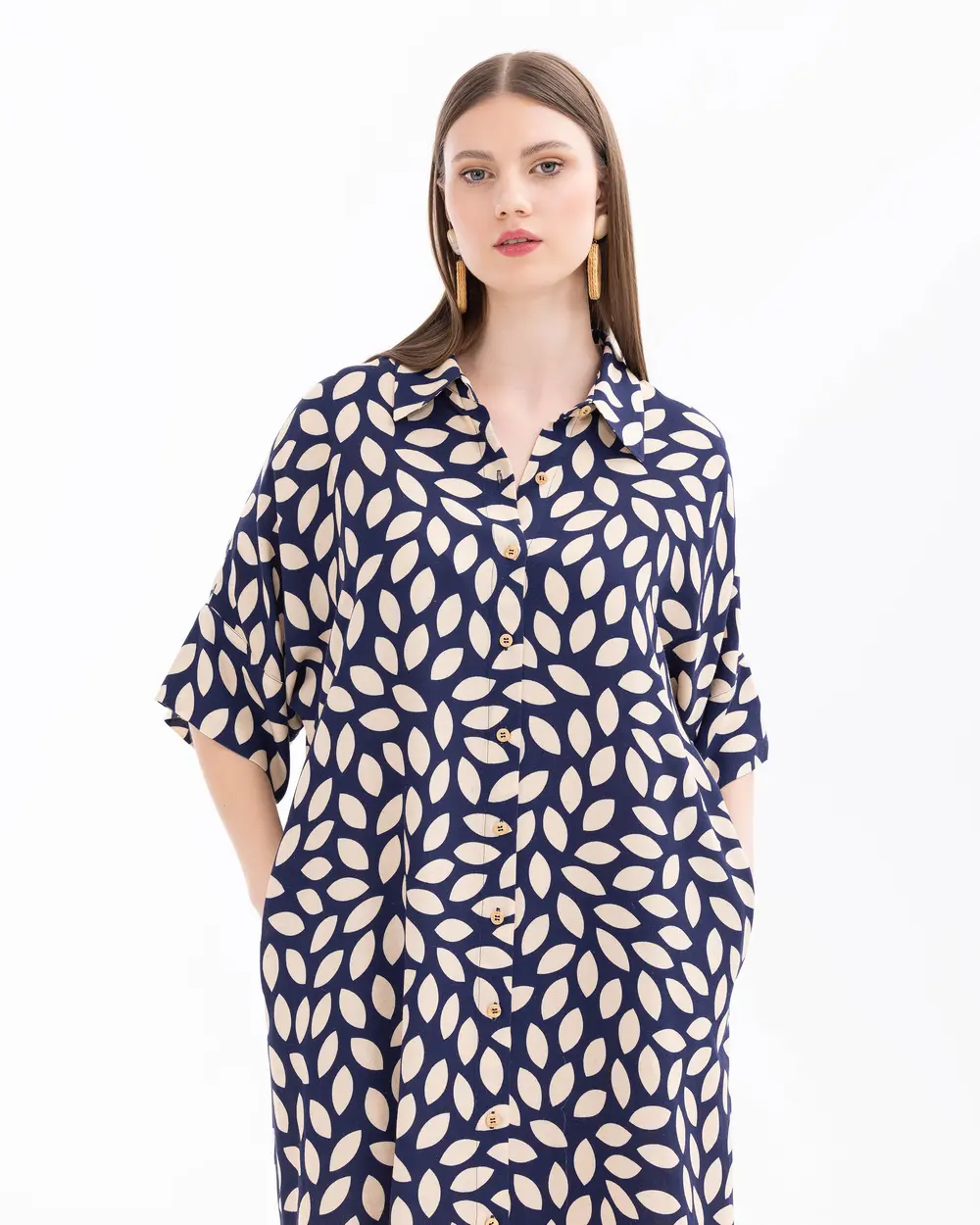 Plus Size Patterned Shirt Collar Dress