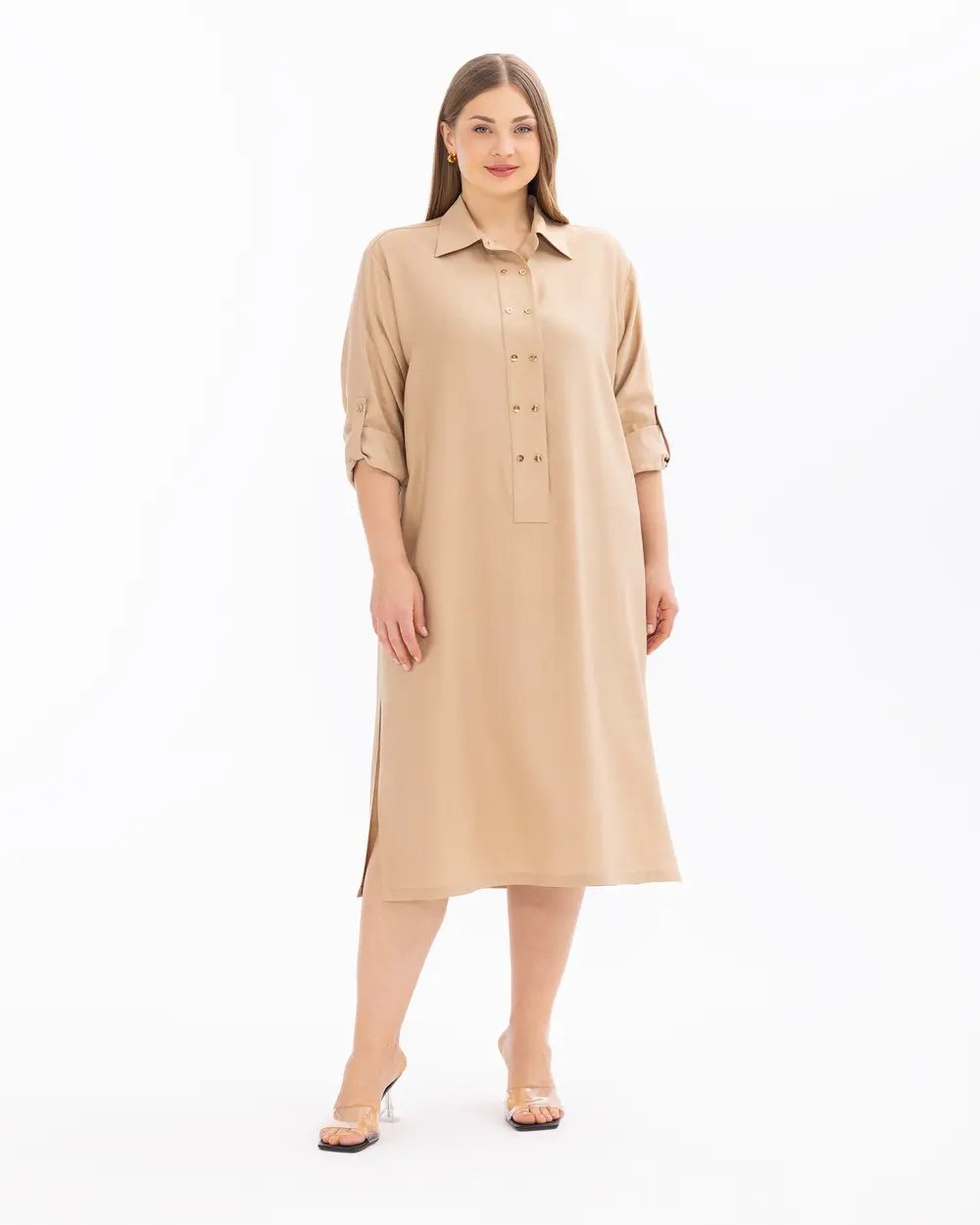 Plus Size Foldable Sleeve Button Dress