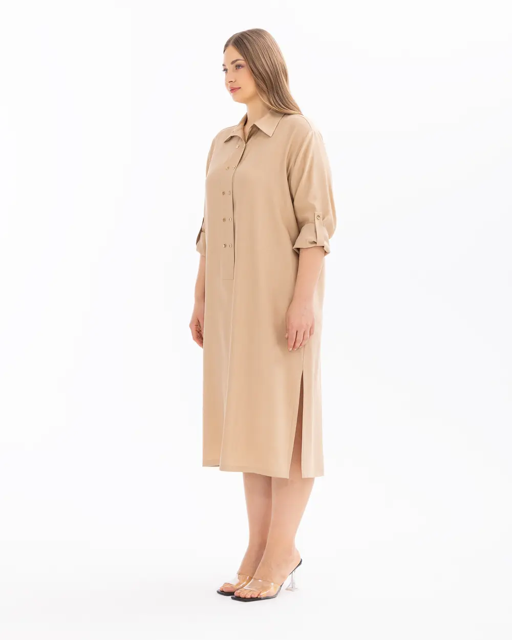 Plus Size Foldable Sleeve Button Dress