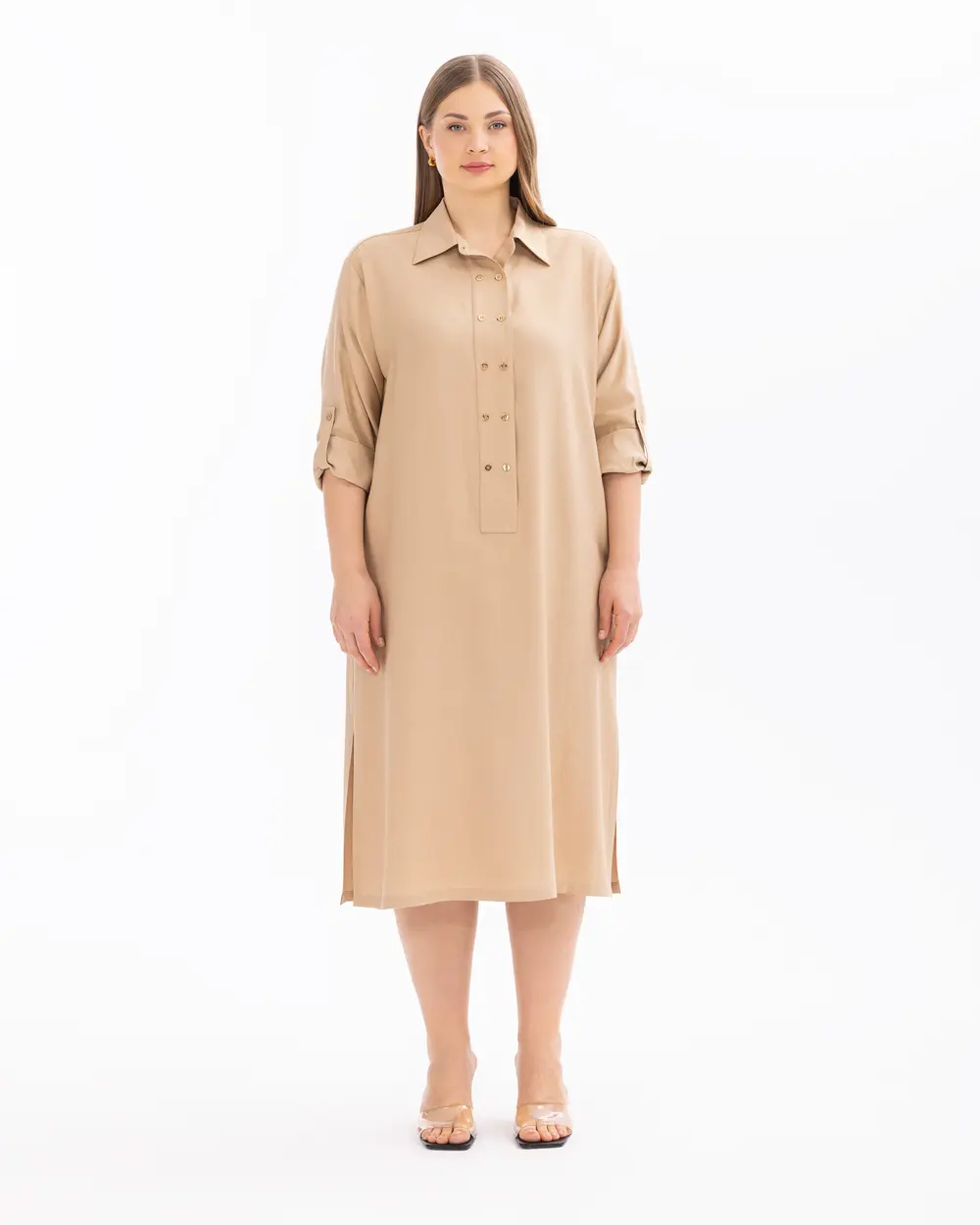 Plus Size Foldable Sleeve Button Dress