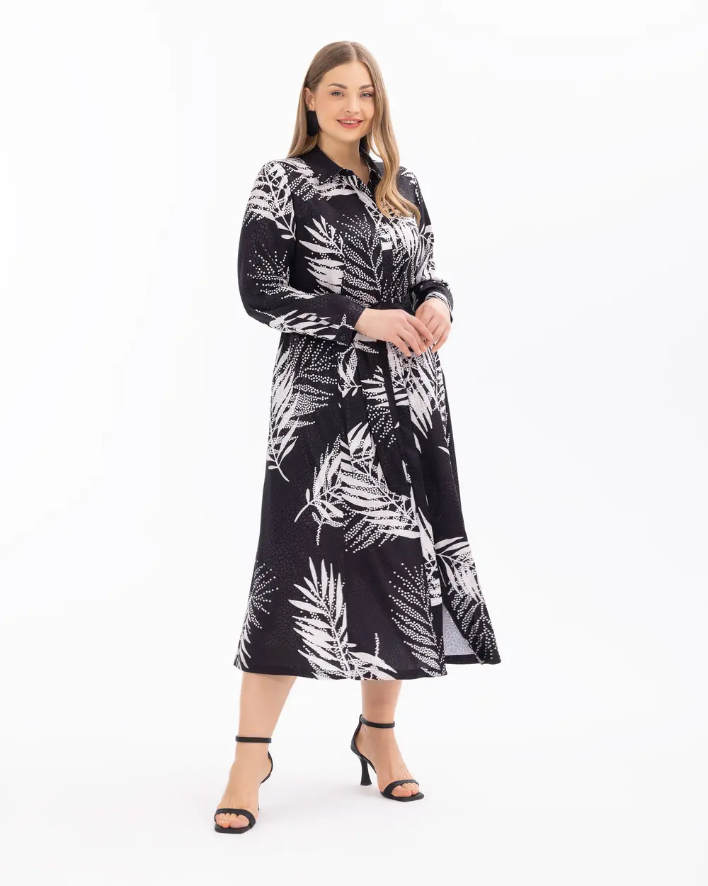 Plus Size Patterned Long Sleeve Dress