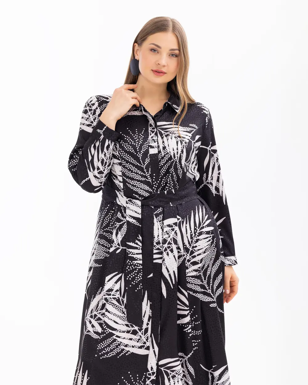 Plus Size Patterned Long Sleeve Dress