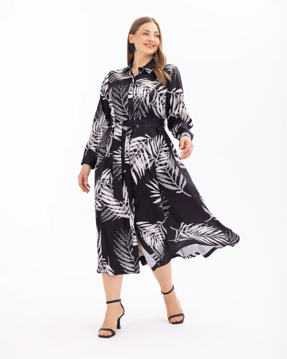 Plus Size Patterned Long Sleeve Dress