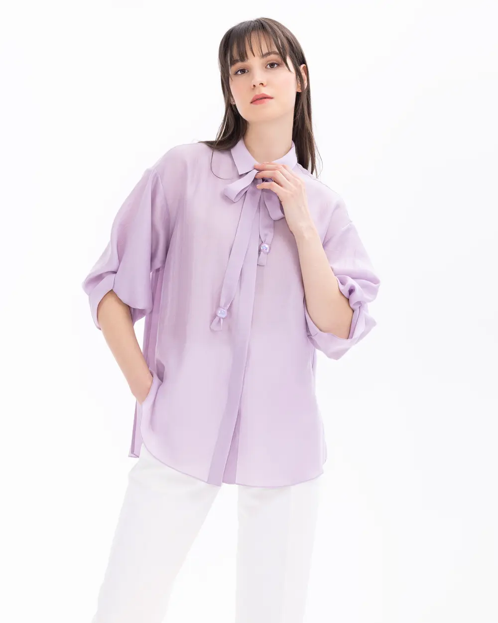 Buttoned Shirt with Collar Tie Detail