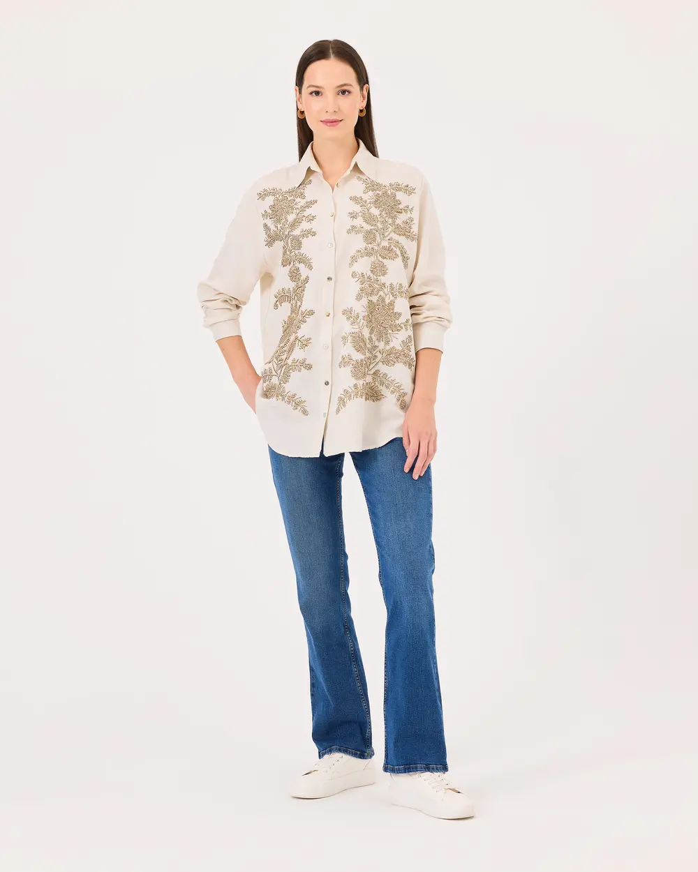 Embroidered Button Detailed Long Sleeve Shirt