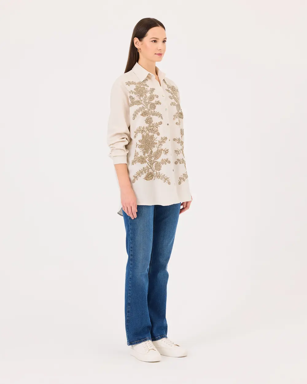 Embroidered Button Detailed Long Sleeve Shirt