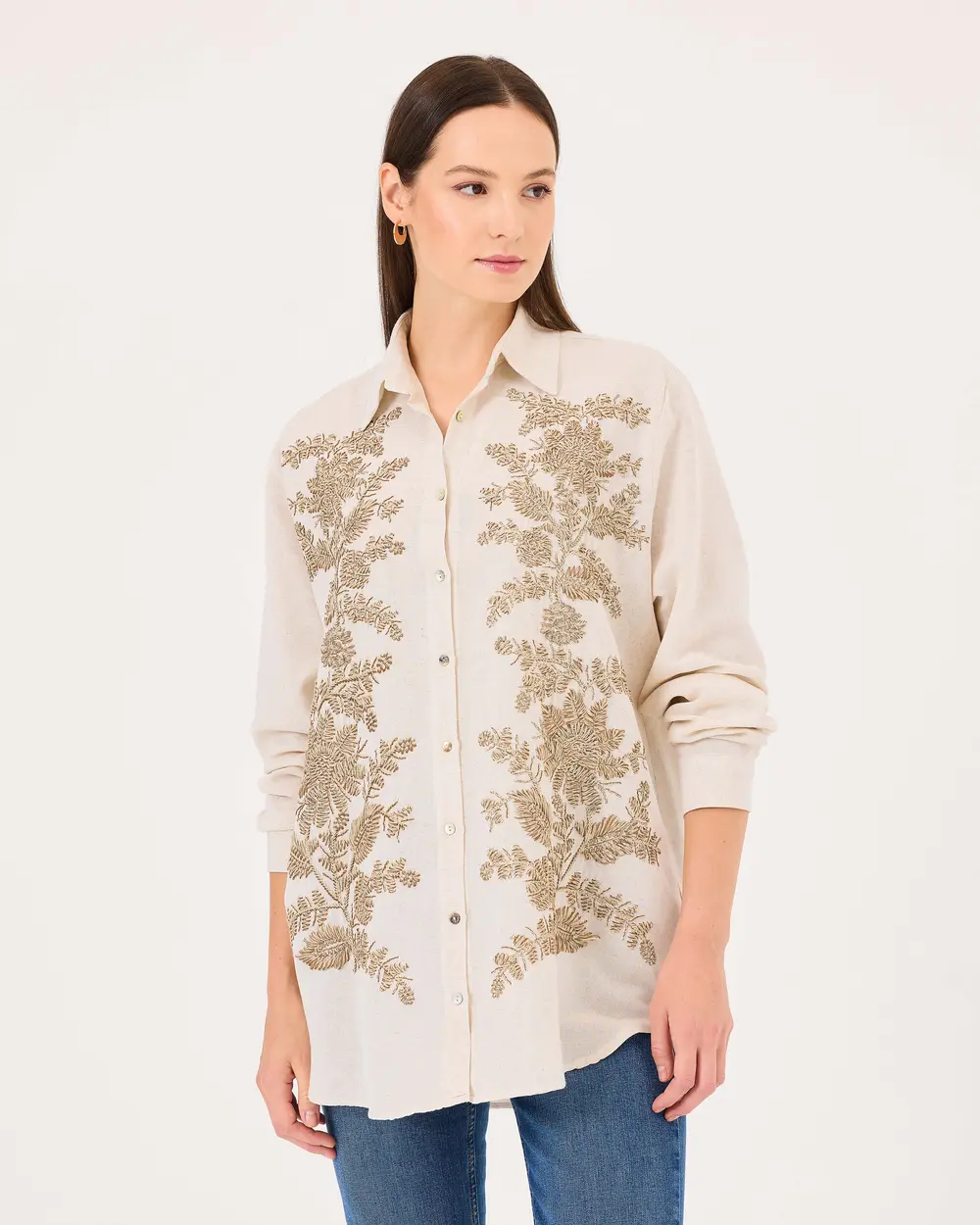 Embroidered Button Detailed Long Sleeve Shirt