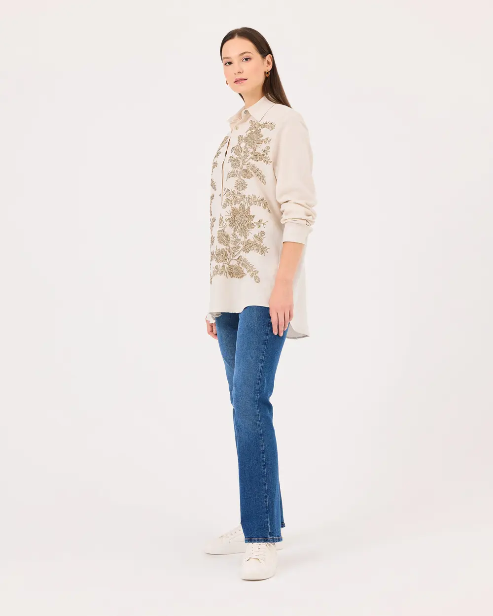 Embroidered Button Detailed Long Sleeve Shirt