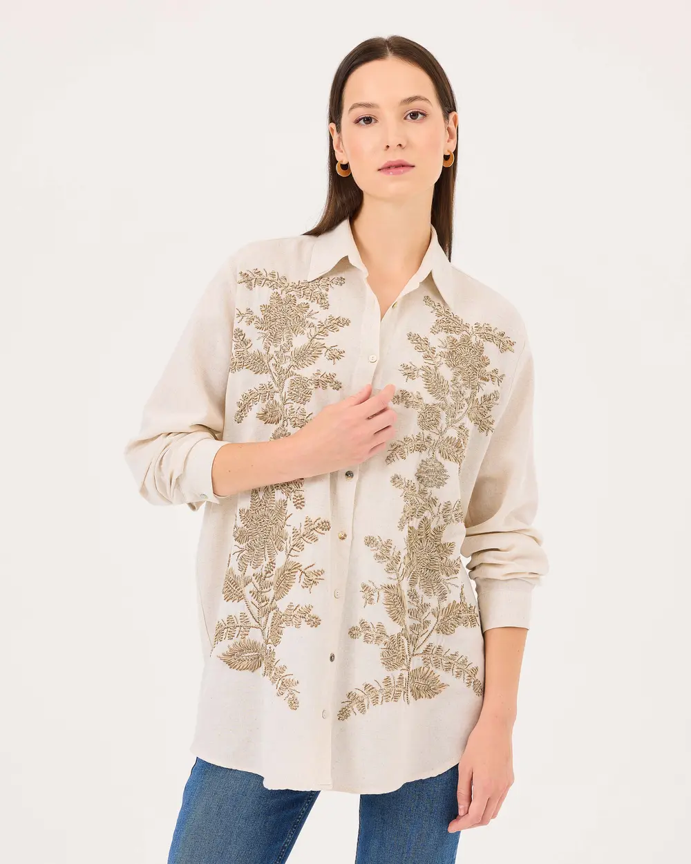 Embroidered Button Detailed Long Sleeve Shirt