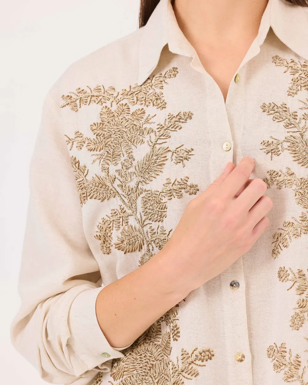 Embroidered Button Detailed Long Sleeve Shirt