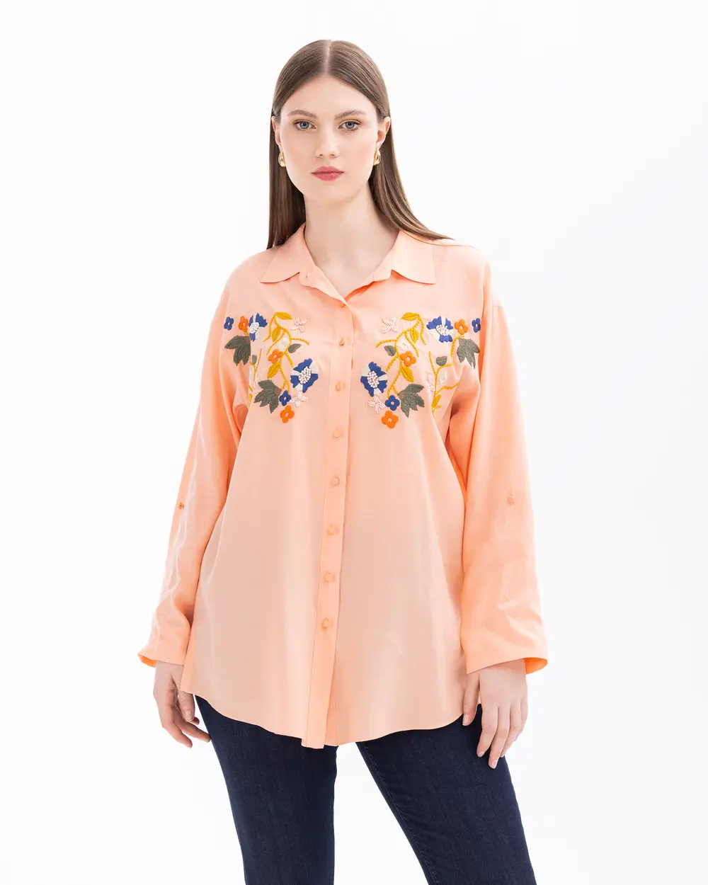 Plus Size Embroidered Long Sleeve Shirt