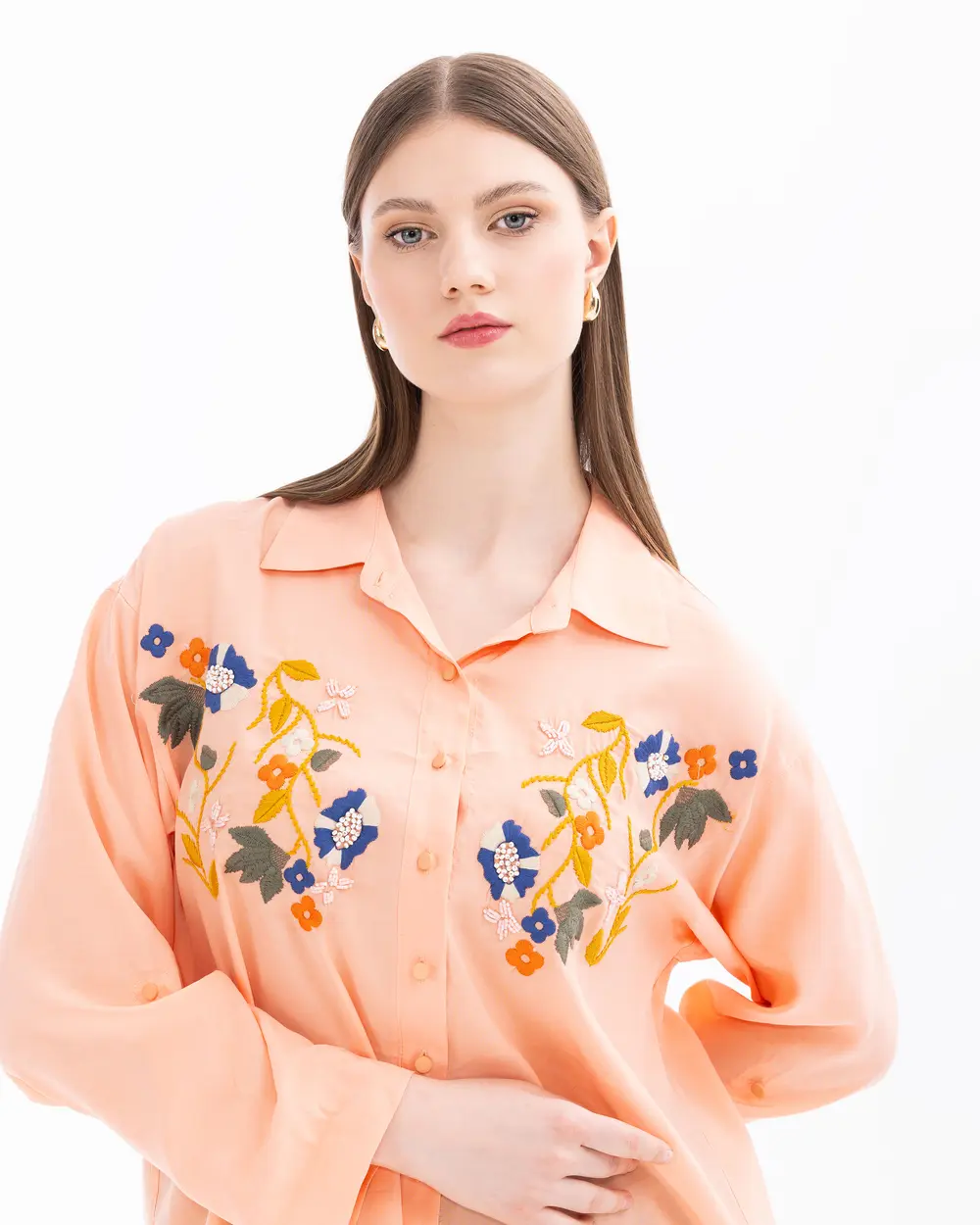 Plus Size Embroidered Long Sleeve Shirt