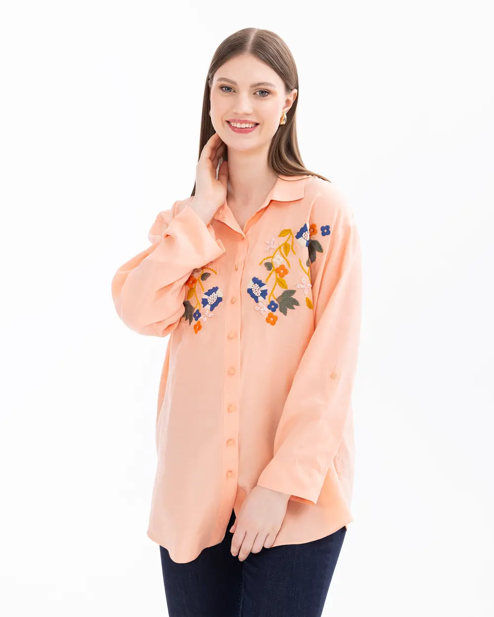 Plus Size Embroidered Long Sleeve Shirt