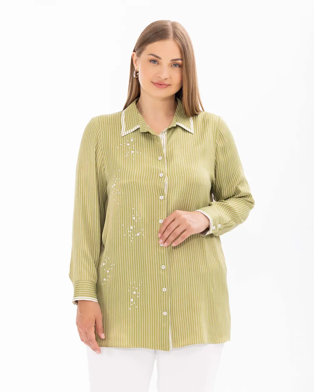 Plus Size Bead Embroidered Long Sleeve Shirt