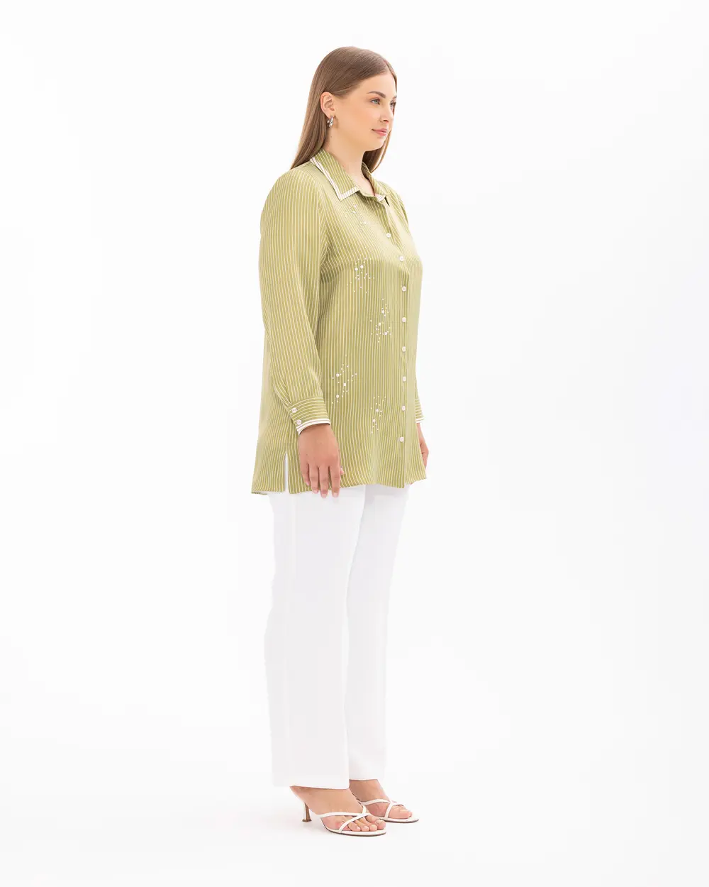 Plus Size Bead Embroidered Long Sleeve Shirt