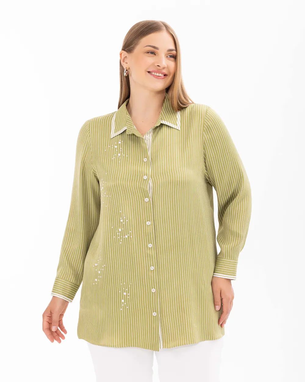 Plus Size Bead Embroidered Long Sleeve Shirt