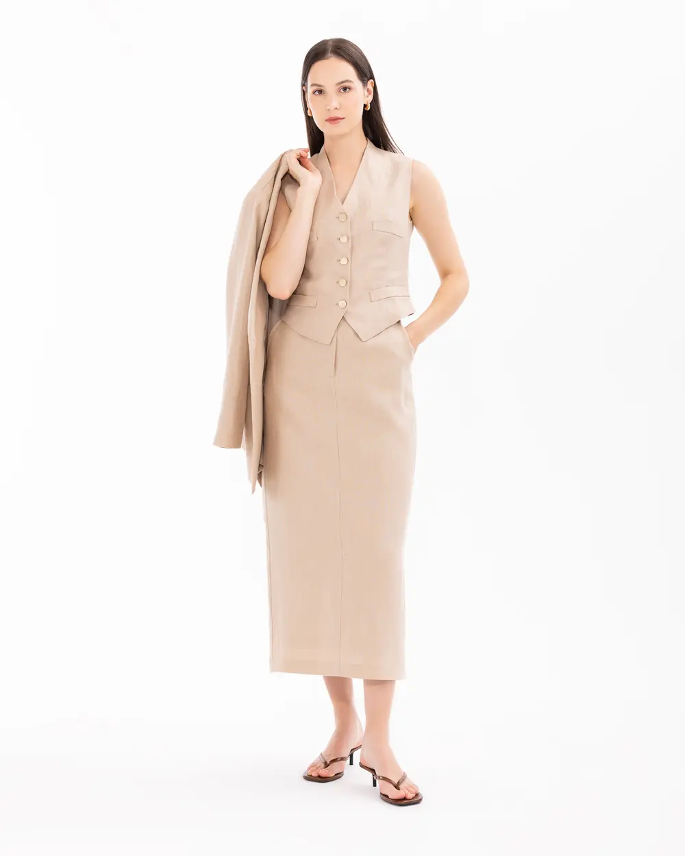 Midi Length Linen Skirt with Pockets